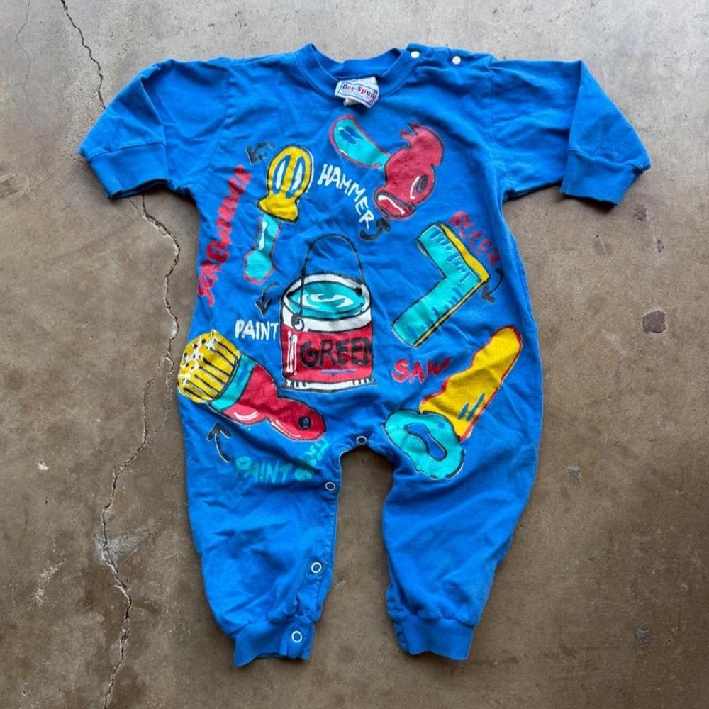 1970s Blue Baby Romper with Paintbrush, Hammer, and Paint Can Graphics